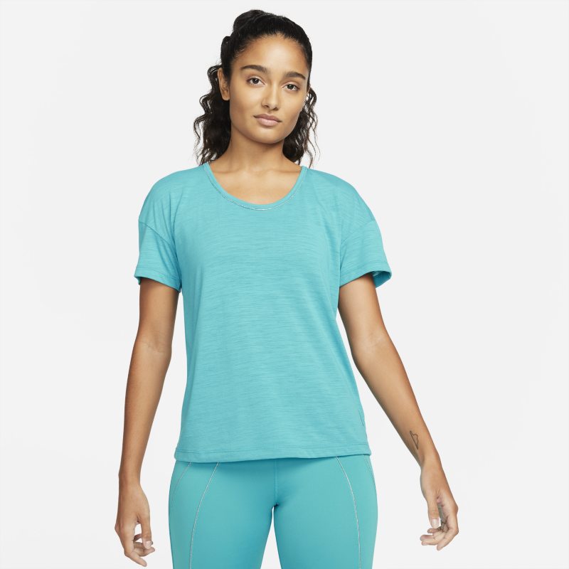 Kortärmad tröja Nike Yoga Dri-FIT med kanter i metallic för kvinnor - Grön