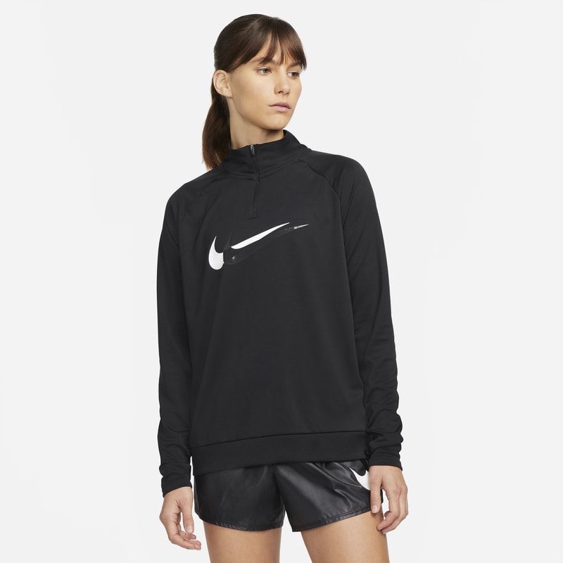 Nike Dri-FIT Swoosh Run Camiseta de capa media de running con cremallera de 1/4 - Mujer - Negro