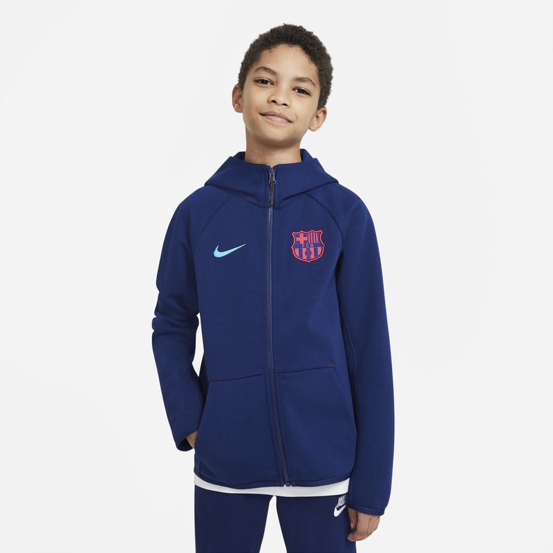 Piłkarska bluza z kapturem i zamkiem na całej długości FC Barcelona Tech Fleece dla dużych dzieci - Niebieski