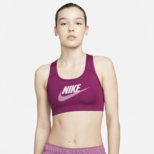 Image of Brassière de sport à maintien normal et à motifs avec coussinet une pièce Nike Dri-FIT Swoosh pour Femme - Rouge